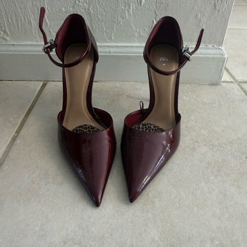 Zara Dark Red Patent Ankle Strap Heels